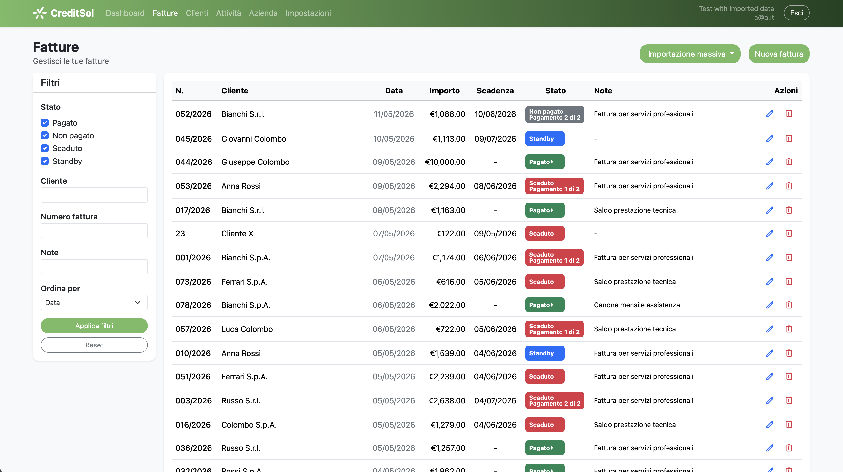 CreditSol invoice list with status filters, amounts, due dates and installment badges.
